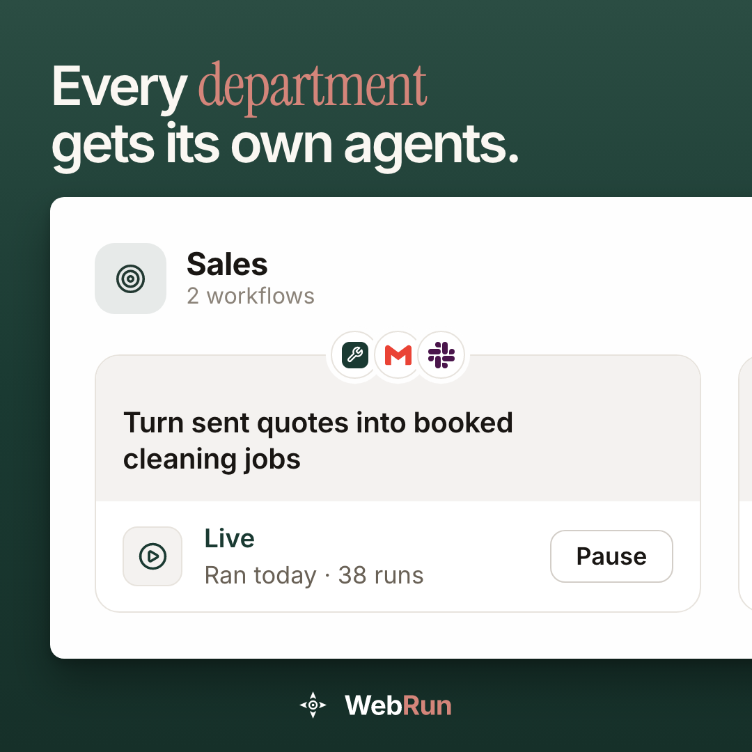 WebRun: Every department gets its own agents. The Sales section lists its live workflows and their apps.