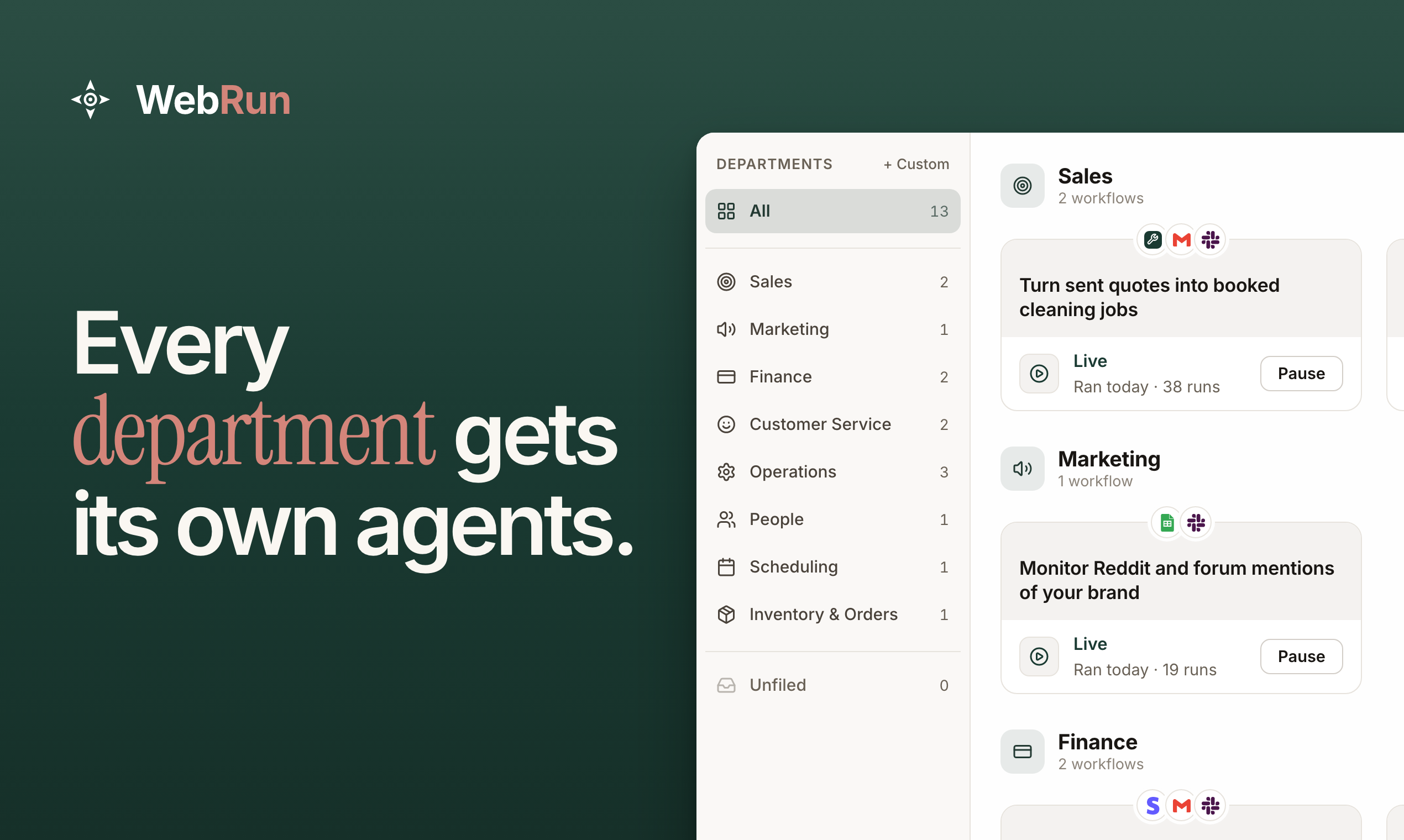 WebRun: Every department gets its own agents. The Workflows page lists each department's live workflows and their apps.
