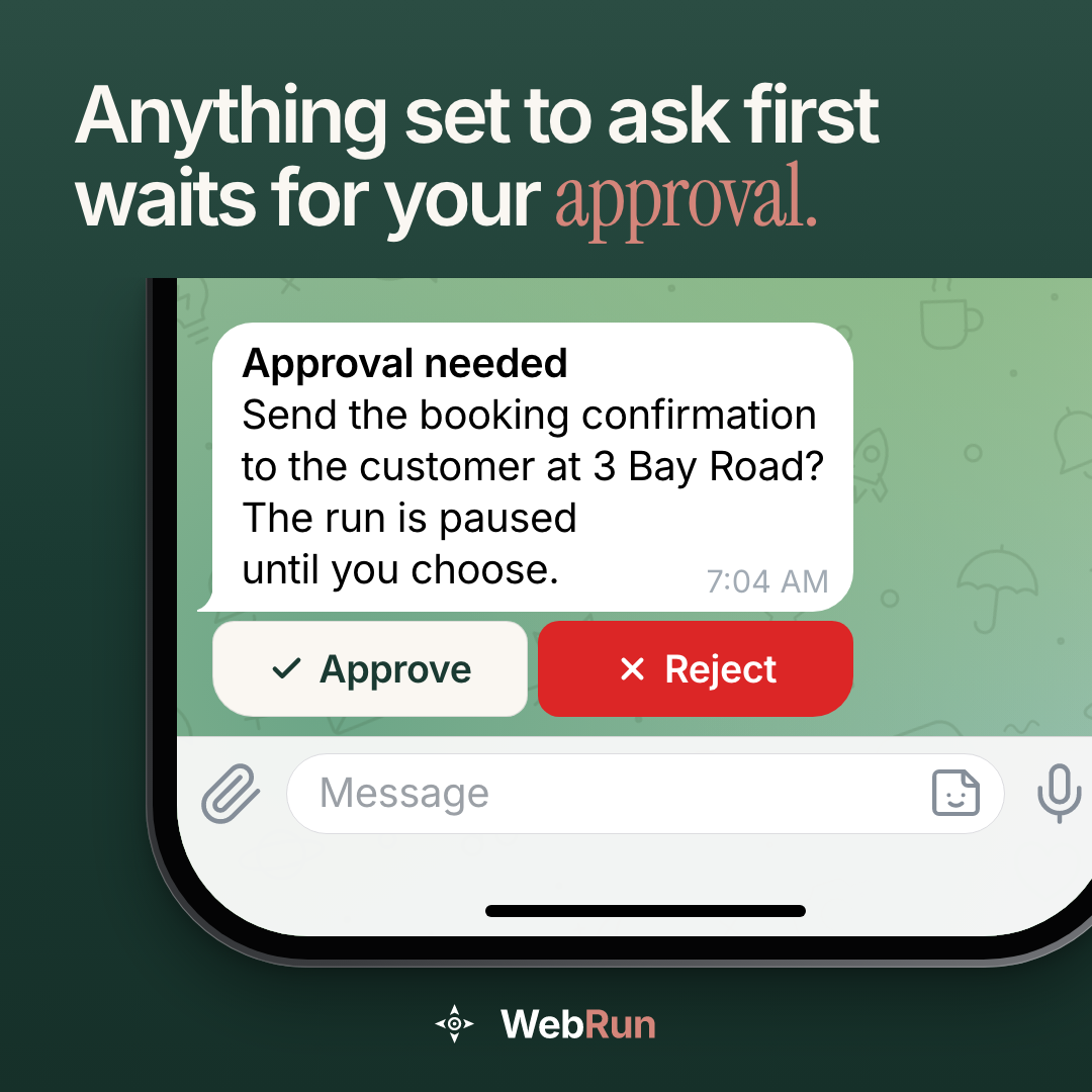 WebRun: Anything set to ask first waits for your approval. Telegram asks to send a booking email: Approve or Reject.