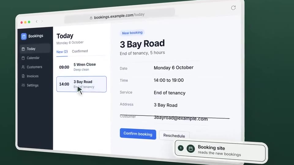 WebRun working in a booking site, with the 3 Bay Road booking open, a scene from the How WebRun works film
