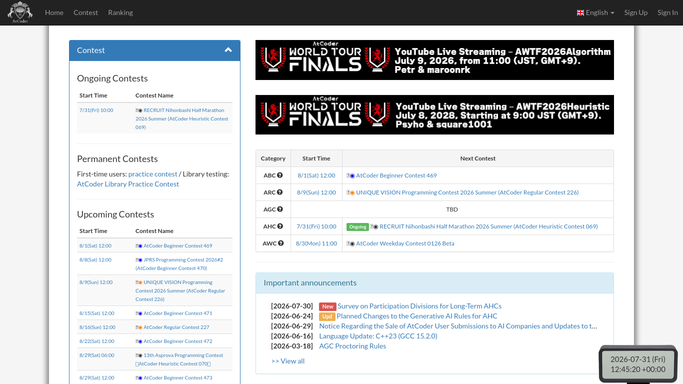 WebRun in AtCoder: check the contest schedule and ratings