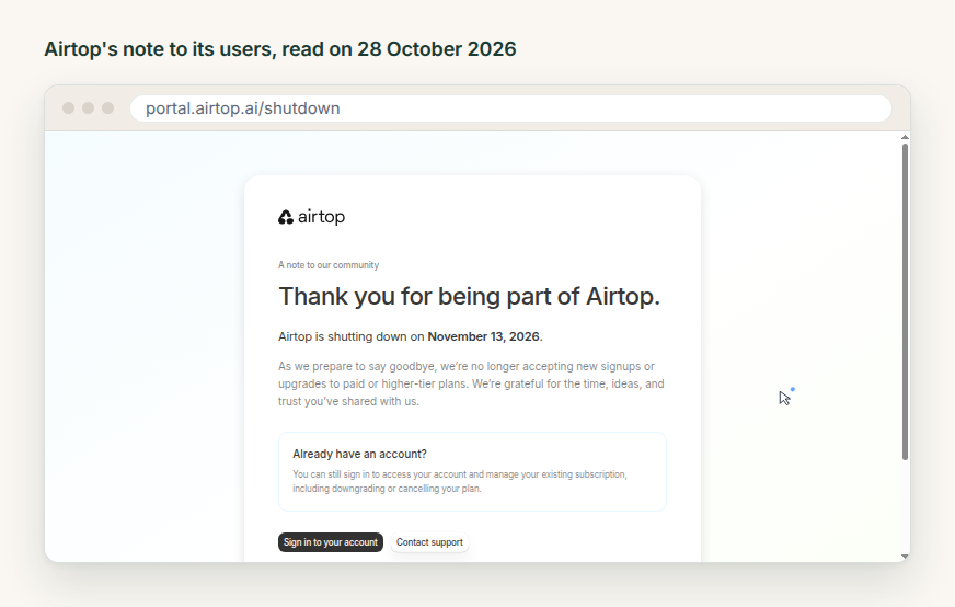 Airtop's shutdown notice in a browser window, thanking users and giving 13 November 2026 as the closing date.