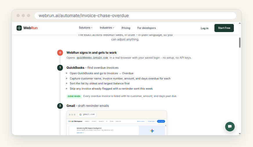 The invoice chase template page on webrun.ai, listing what WebRun does on every run, starting with QuickBooks