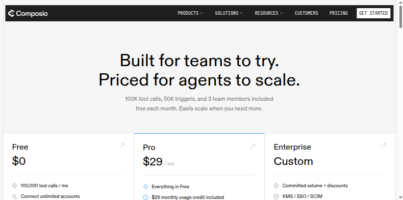 Composio pricing page showing Free, Pro ($29/mo) and Enterprise tiers as of September 2026