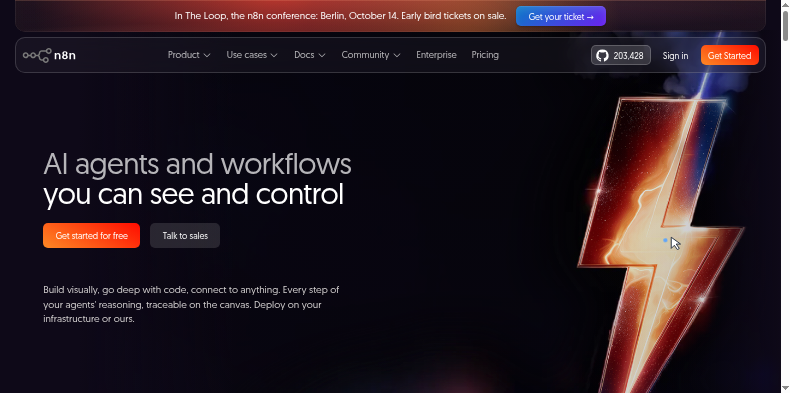 The n8n homepage on September 5 2026, reading 'AI agents and workflows you can see and control'